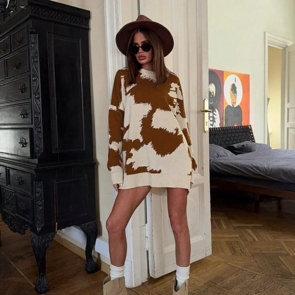 Multicolor Casual Women's Cow Print Western Cowboy Round Neck sweater top